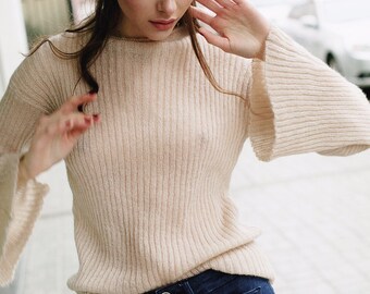 Bell Sleeve Sweater, Loose Knit Sweater, Wool Pullover, Organic Sweater, Cozy Sweater - Gift for Her, Mohair Sweater, Silk Sweater