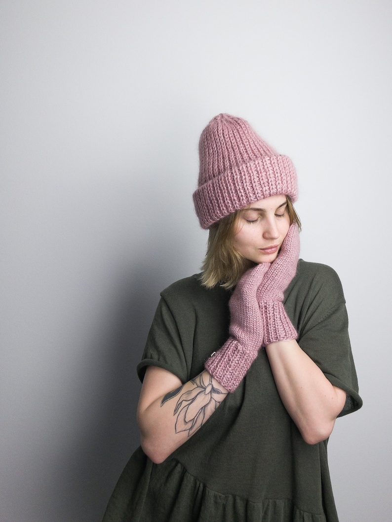 Pink Knit Hat and Wool Mittens Hat and Mittens Woman Winter Etsy
