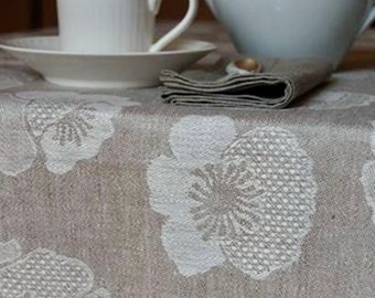 Natural LINEN Tablecloth, Square Linen Tablecloth 58" x 58", Floral Tablecloth