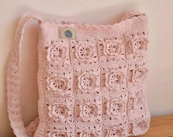 Pale Pink LINEN Crochet Crossbody Bag For Girl, Small Crossbody Purse, Girl's Purse, Girl's Summer Bag