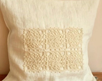 White LINEN Cushion Cover with Hand Crocheted Linen Lace , Decorative Pillowcase Cover 16"x 16", Chabby Chic Decor