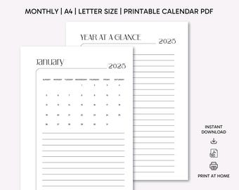 2025 Monthly Calendar: A4 & Letter Size Printable (Digital Download)