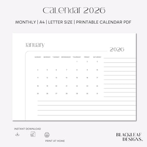 2026 Calendar Printable – A4 & Letter Size Monthly Planner PDF – Minimalist Digital Download