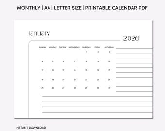 Calendrier 2026 imprimable - A4 et agenda mensuel au format lettre PDF - Téléchargement numérique minimaliste