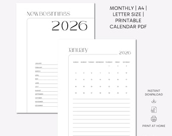 Calendrier 2026 imprimable : agenda mensuel minimaliste (PDF au format A4 et lettre)
