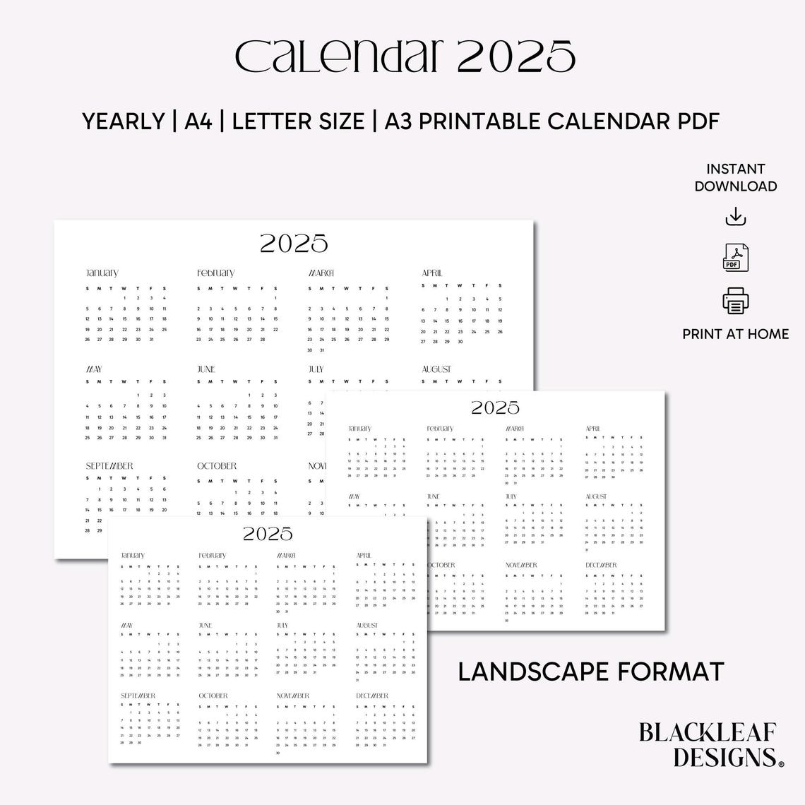 2025 Calendar Yearly A4, A3 and Letter Size Landscape Vertical