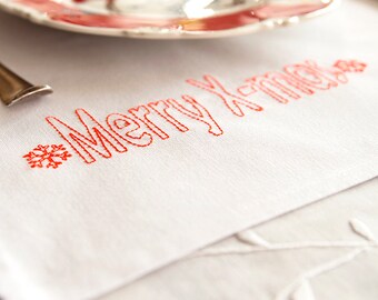 Set of 4 "Merry X-Mas" or ''It's Christmas Time'' embroidered white napkins