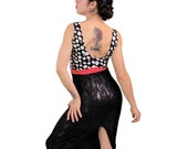 Tango dress - Black and white textured Argentine tango dress with back slit, red belt. Open back milonga dress. Midi wiggle dress, dancewear