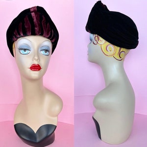 Vintage 30s French black and burgundy velvet turban/halo style hat