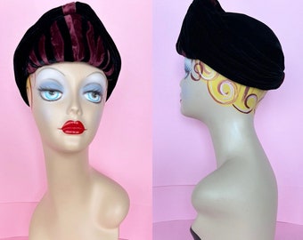 Vintage 30s French black and burgundy velvet turban/halo style hat