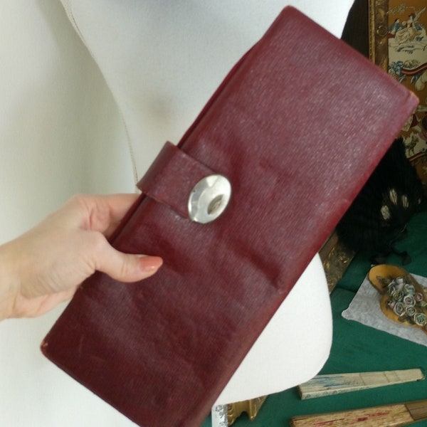 Vintage 30s/40s burgundy red leather gloves handkerchiefs travel bag/gloves case