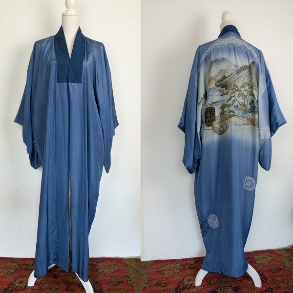 Vintage Dusky Blue Silk Shibori Japanese Kimono/Art Deco Kimono Robe Duster/Lounging wear/boudoir lounge wear