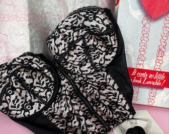 Vintage 50s Lovable Bustier blush satin black lace with original box//dead stock//corset size 36 B