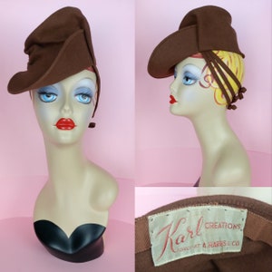 Vintage 40s brown felt mini hat by Karl Creations/1940s topper hat