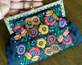 Antique 20s embroidered floral silk bag