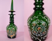 Antique Green Glass Scent Bottle Moorish style hand enamelled glass bottle Victorian Moser glass