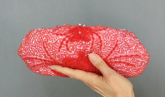 Vintage 50s/60s watermelon red beaded sequinned c… - image 3
