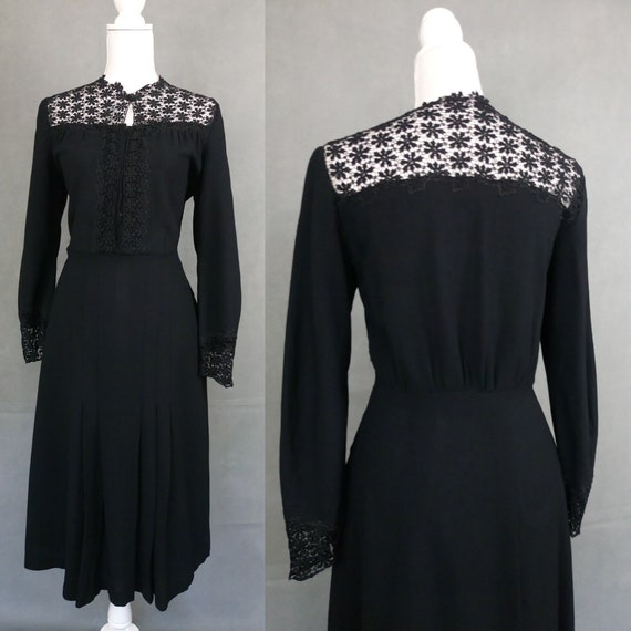 Vintage 30s/40s black wool crepe and lace dress/Gu