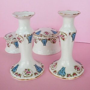 Vintage ceramic vanity boudoir set/candle stick make up boxes/Delphine China dresser set