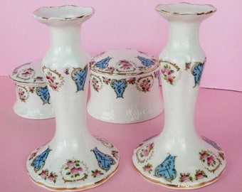 Vintage ceramic vanity boudoir set/candle stick make up boxes/Delphine China dresser set