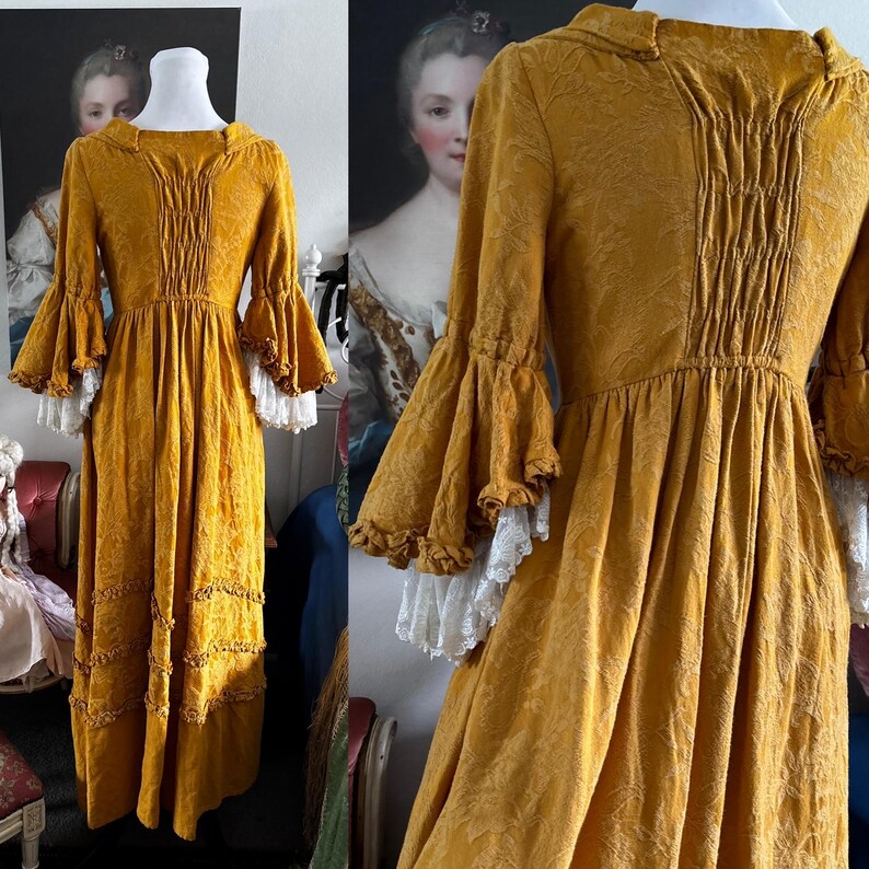 Mustard Yellow Robe Rococo Style Mustard Yellow Cotton and White Lace Open Robe/period ...