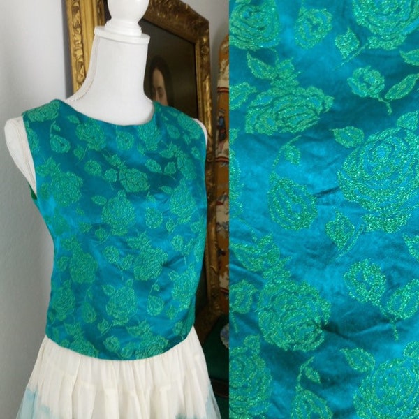Vintage 50s Emerald Green top/green satin roses brocade formal top size S