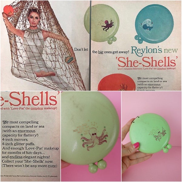 Vintage 1964 She Shells Compact with octopus/collectable Revlon Love Pat Large Compact