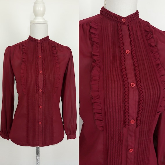 Vintage 40s style burgundy blouse/frilled shirt/si