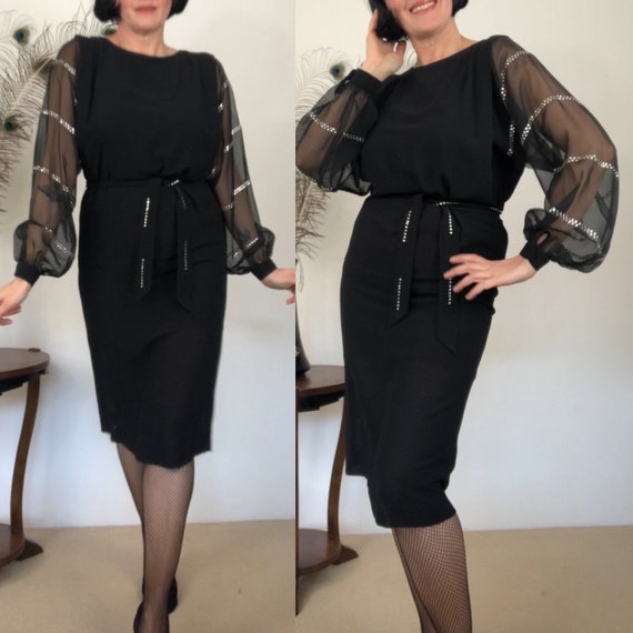 Vintage 80s black dinner dress with sheer balloon