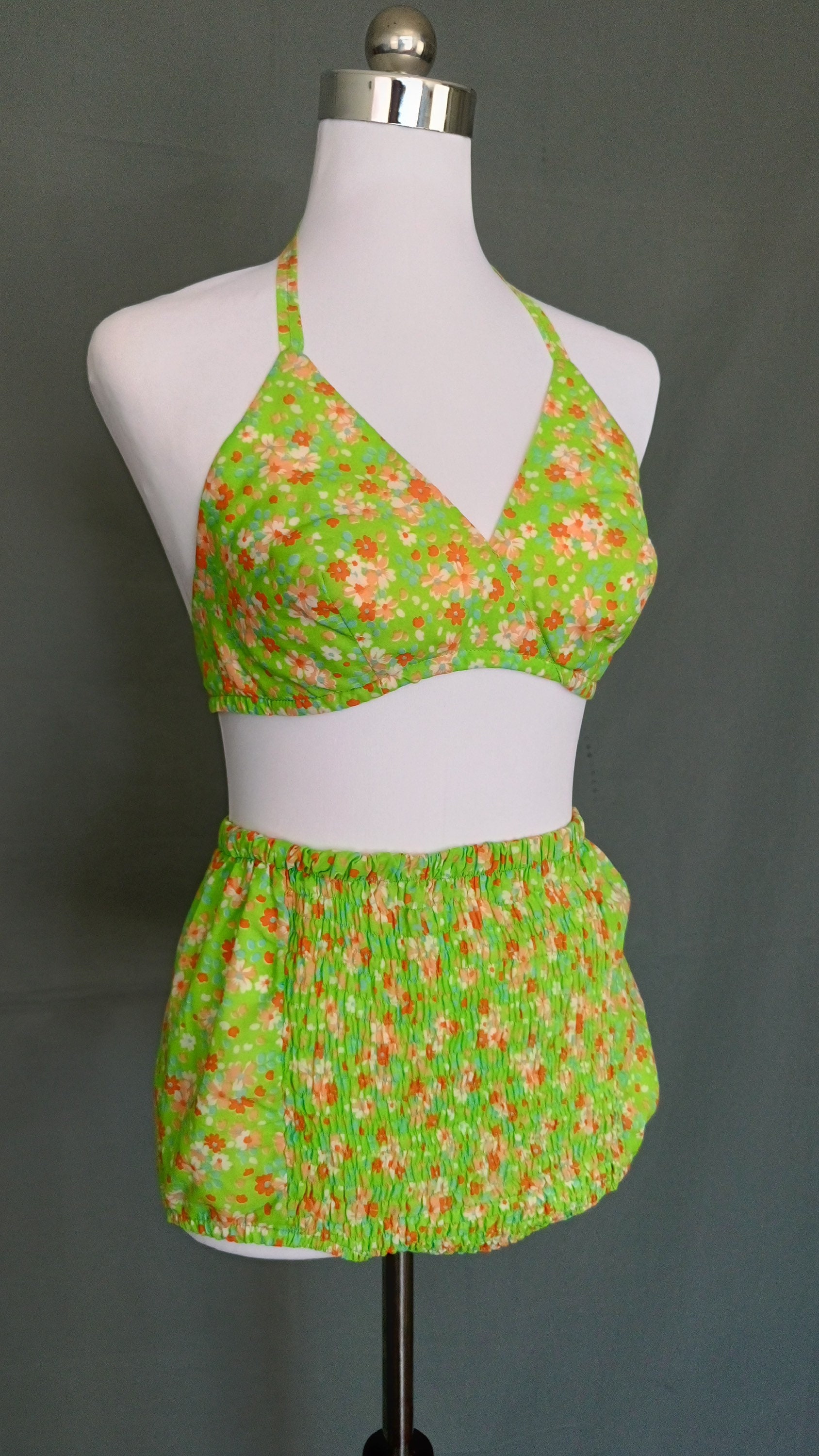 Vintage 50s/60s Green floral cotton high waisted Bikini/size | Etsy