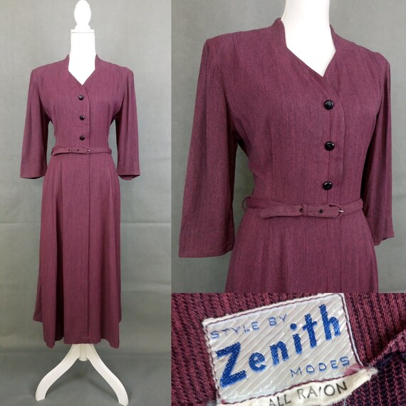 Vintage 40s Burgundy ribbed rayon dress by Zenith/