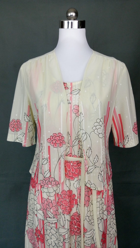 Vintage 70s Dress Bolero Pink floral set summer D… - image 7