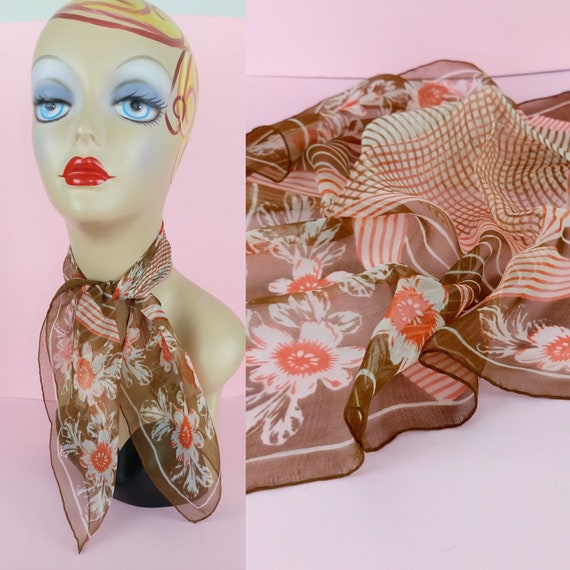 Vintage 40s/50s sheer silk brown floral neck scarf