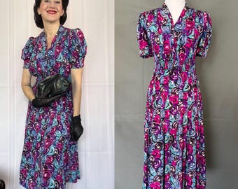 Vintage 30s silk abstract print dress/puffy sleeves/size M/L