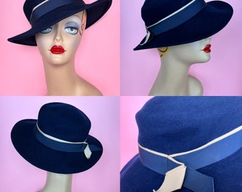 Vintage 30s/40s style blue wool tilt fedora hat
