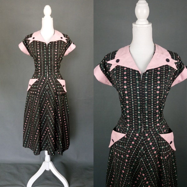 Vintage 1940s Cotton Dress/Small black floral with pink collar pockets details/40s house dress/size L/XL