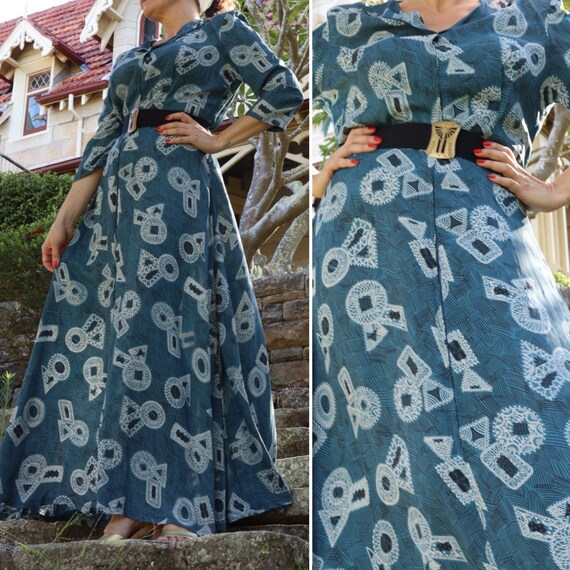 Vintage 40s blue abstract novelty print cold rayon