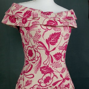 Vintage 1940s floral/leafy off shoulder linen dress/size M image 5