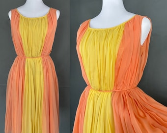 Vestido de fiesta vintage de gasa de seda naranja y limón de los años 60/talla XS