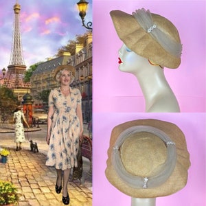 Vintage 40s/50s fine natural straw and tulle halo hat