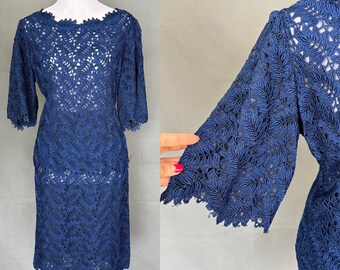 Vintage 60s blue lace two pieces skirt and top set/skirt suit/sizeM/L