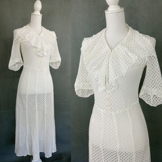 Vintage 30s white cotton lace dress/Art Deco dress