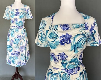 Vintage 50s blue rose print cotton wiggle dress/1950s floral summer dress/size XS/S