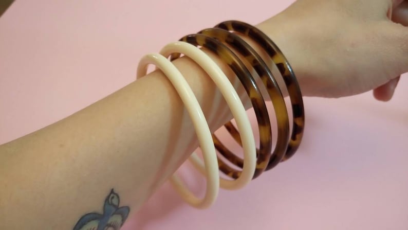 Vintage cream lucite bangles stackable set of two spacers bracelets 1960s