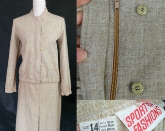Vintage 70s Beige Melange Wool skirt suit by Sport Fashions/size M