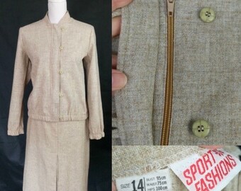 Vintage 70er Jahre Beige Melange Wollrock Anzug von Sport Fashions, Gr. M