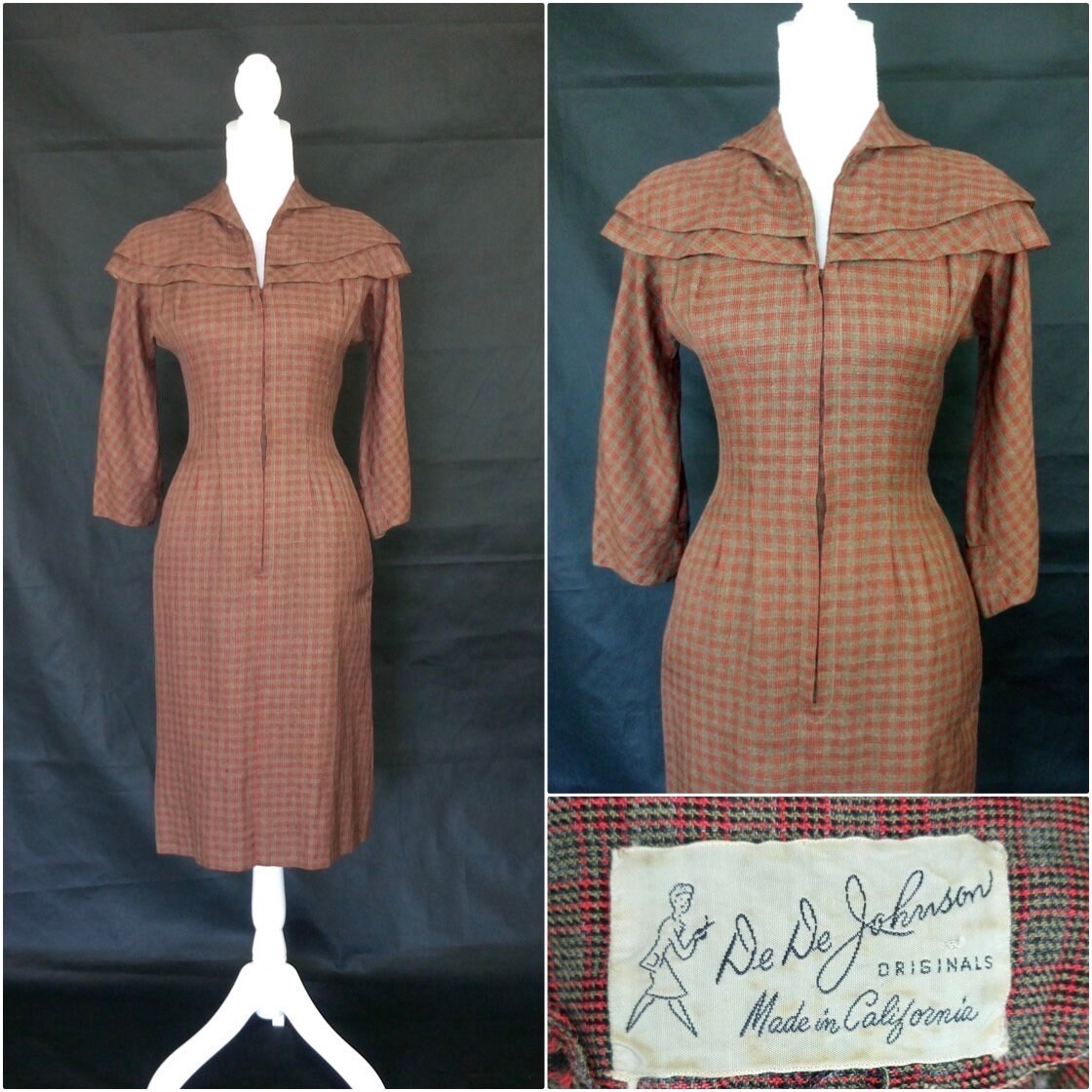 Vintage 50s DeDe Johnson wool plaid wiggle dress/size S