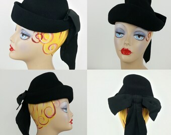 Vintage 40s black wool peaked crown tilted hat with giant bow by Belvedere Fifth Avenue New York/1940s topper hat/mini hat