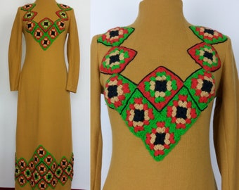 Vintage 60s/70s Mustard wool Maxi Dress/Hippie Boho crochet Maxi Dress/size M