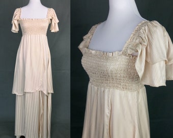 Vintage 70s Empire Ivory rayon maxi dress/size S